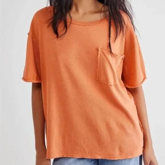 Free People Oversized Short Sleeve Pocket Tee in Sun Sienna Distressed Medium - Picture 1 of 14